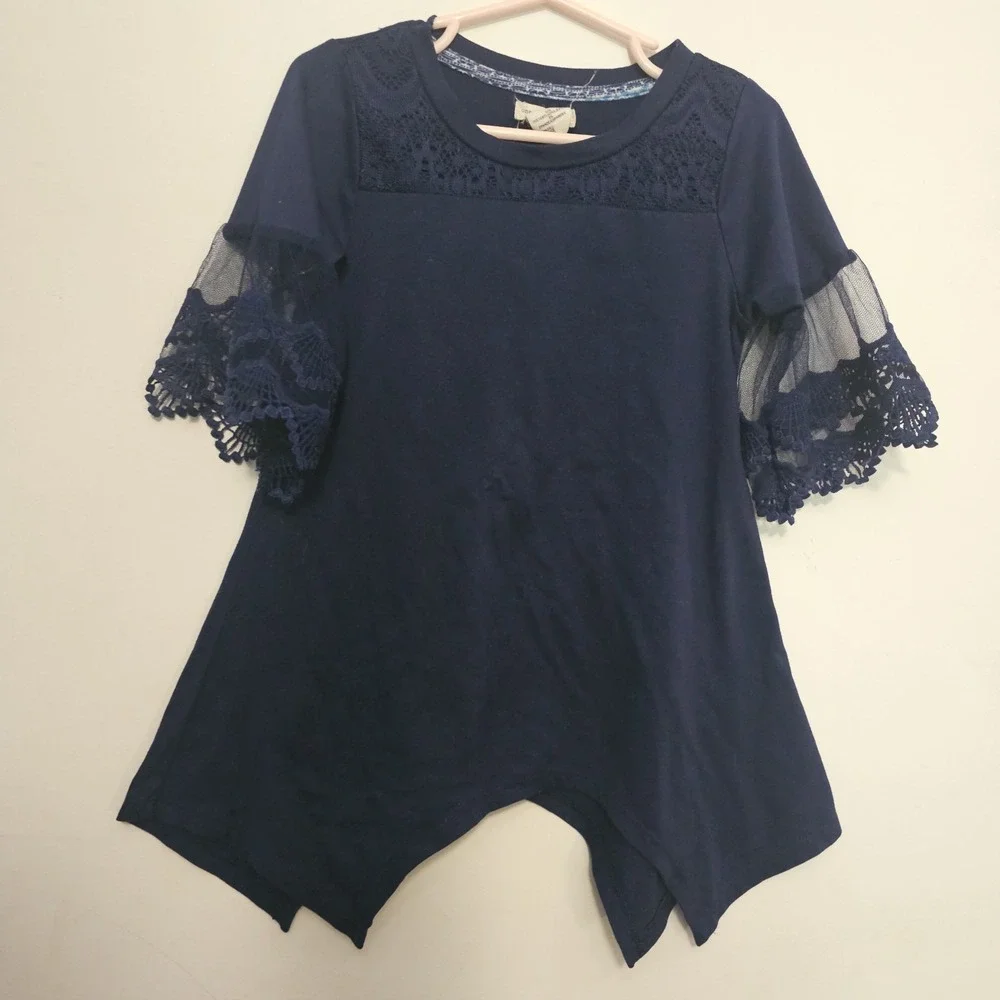 One Step Up Girl's Blue Dress 4T Assymmetric Hem Sheer Sleeve‎